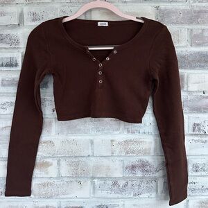 Garage Chocolate Brown Plunge Henley Long Sleeve Top.